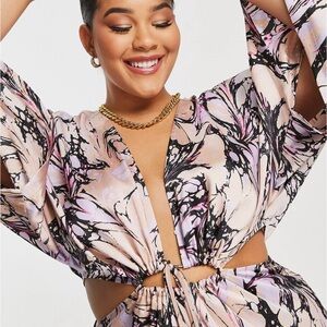 ASOS Curve Satin Jumpsuit Chic Abstract Print called Stone Tie-Front Dress 24W
